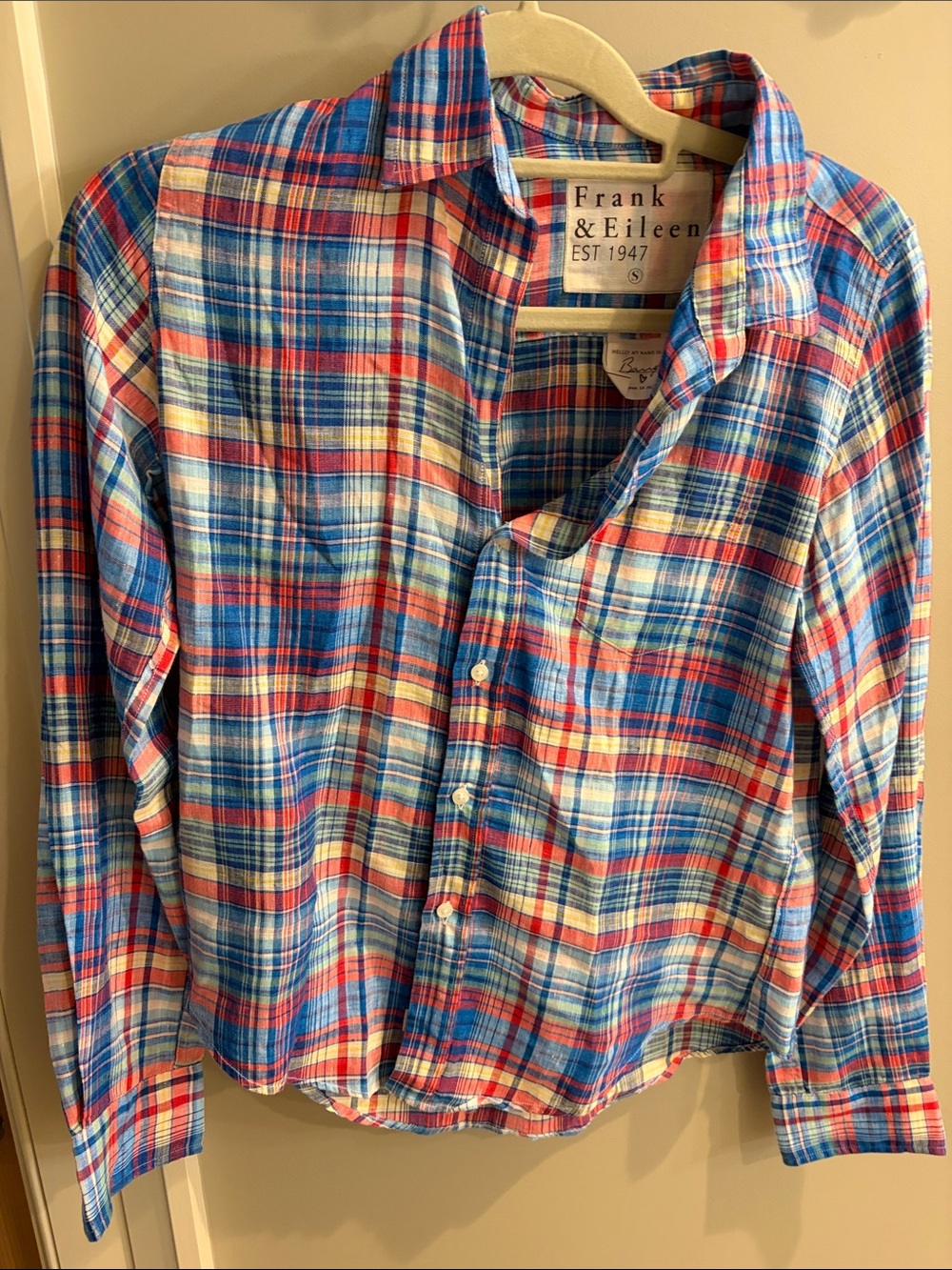 Frank & Eileen “Barry” Red, Blue and White Plaid lLinen Button-Down Shirt